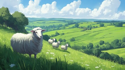 Poster - A group of sheep are standing on a grassy hillside, AI