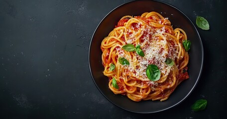 A delicious plate of spaghetti with tomato sauce and basil.