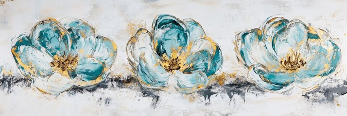 Wall Mural - The wall decoration has a marble background with golden and silver teal flower plant designs, three panels