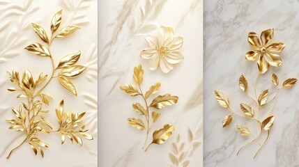 Wall Mural - Decorate your walls with this 3 panel wall art featuring a marble background and flowers designs.