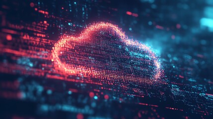 Poster - A cloud shape made of binary code in red on a blue and black background.