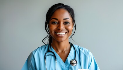 Wall Mural - Cheerful African-American nurse ready to support with banner space for messages on a soft gray backdrop