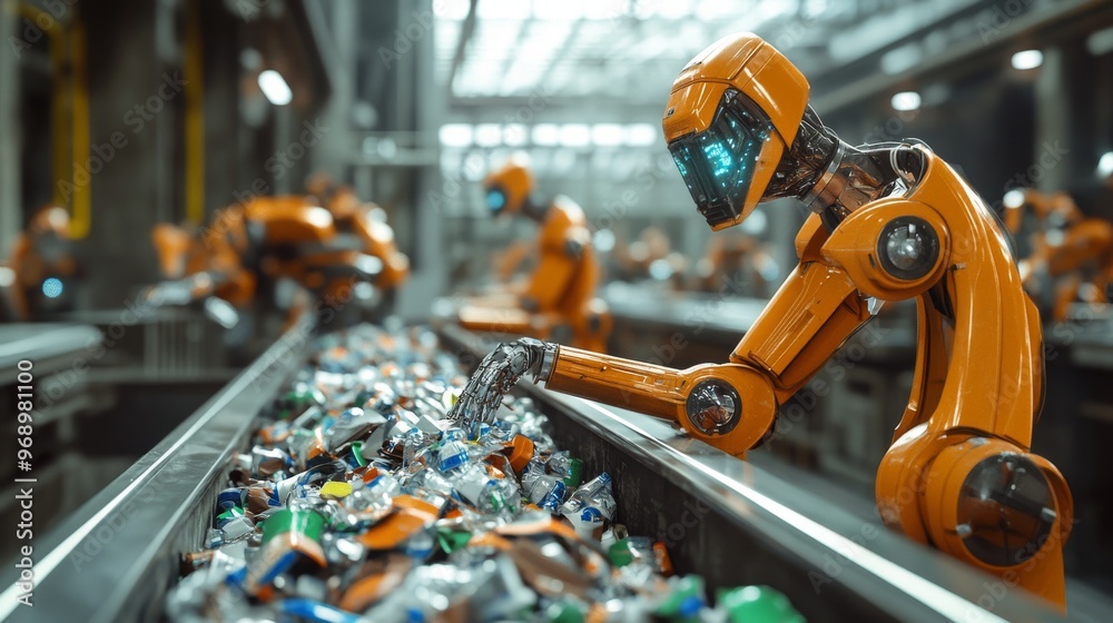 Autonomous AI-driven robots sorting and recycling waste in real-time: Robots in a futuristic recycling plant identifying and sorting waste automatically.