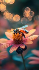 Canvas Print - Bee pollinating vibrant flower with bokeh effect