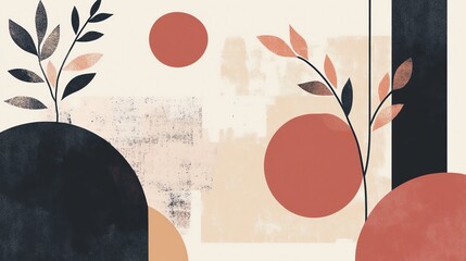 Poster - an abstract art piece featuring leaves, orange circles and blue splotches on a beige background.