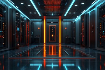 Poster - Futuristic Server Room with Neon Lighting, Modern Data Center with Glowing Lines, Technology Concept