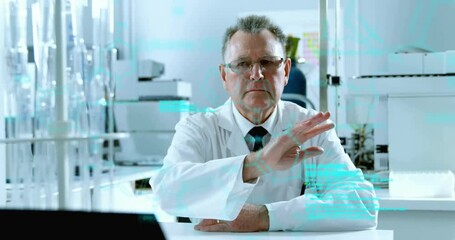 Poster - Animation of scientific data processing over caucasian male scientist in laboratory