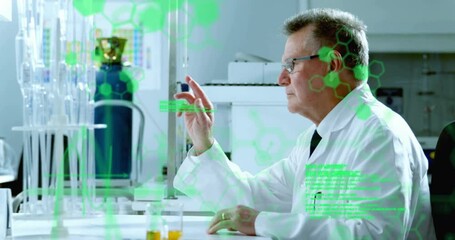 Canvas Print - Animation of scientific data processing over caucasian male scientist in laboratory