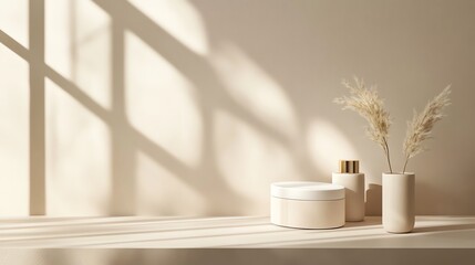 Wall Mural - A minimalist still life with a vase of pampas grass, two beige podiums, and a white box.