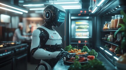 Wall Mural - Futuristic AI-powered digital personal chefs suggesting recipes based on available ingredients: A kitchen assistant that offers meal plans based on what's in the fridge.