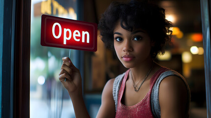 A young entrepreneur placing an Open sign on the door of their first store symbolizing business success.