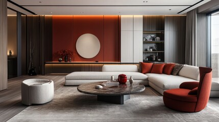 Wall Mural - Modern Living Room with White Sofa, Red Accent Chair, and Circular Coffee Table