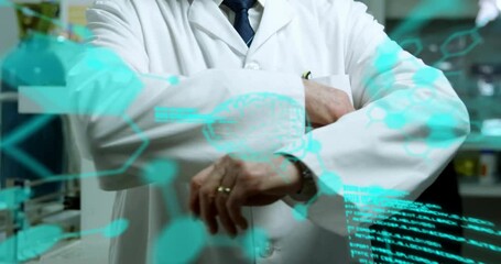Poster - Animation of scientific data processing over caucasian male scientist in laboratory