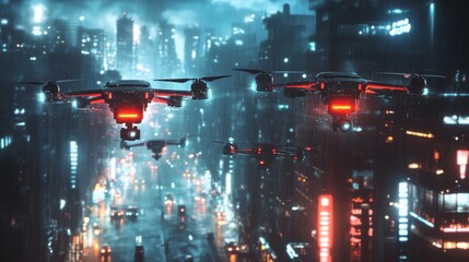 Wall Mural - Futuristic AI-powered drone surveillance systems for public safety: Drones patrolling a city, using AI to monitor for suspicious activity and ensure safety.