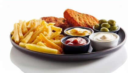 french fries and sauces and breakfast olive cheese white background