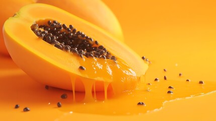 Wall Mural - A papaya cut in half with juice dripping from it, and some seeds on a yellow surface.