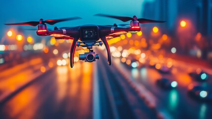 Wall Mural - Futuristic AI-powered drone surveillance systems for public safety: Drones patrolling a city, using AI to monitor for suspicious activity and ensure safety.