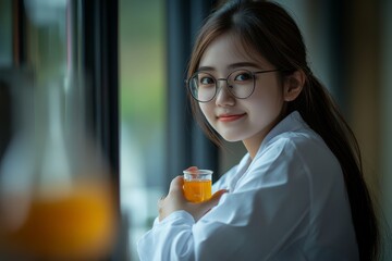 The image shows a young woman over an isolated blue background holding a scientific test tube