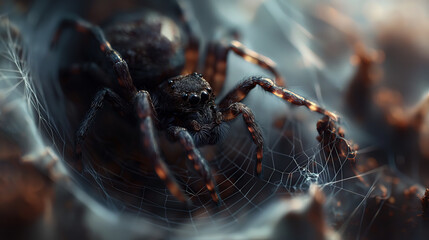 Horizontal AI illustration close-up of spider crawling on intricate web in dark atmosphere.