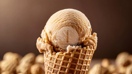 Wall Mural - A scoop of vanilla ice cream in a waffle cone, with peanuts in the background.