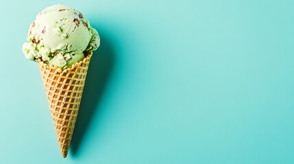 Wall Mural - A scoop of pistachio ice cream in a waffle cone on a light blue background.