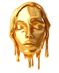 Wall Mural - Melted gold face mask on woman's face isolated on white background	