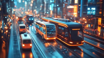 Autonomous AI-driven vehicles for public transportation: AI-controlled buses and trains navigating through a futuristic city, adjusting routes based on real-time demand.