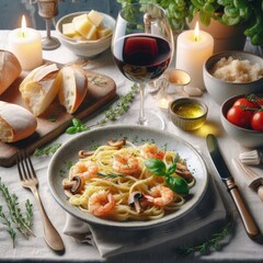 Wall Mural - A beautifully arranged pasta dinner with shrimp, mushrooms, and basil garnished with fresh bread, cheese, and red wine. Candles add a warm ambiance, creating a perfect cozy dinner scene.. AI