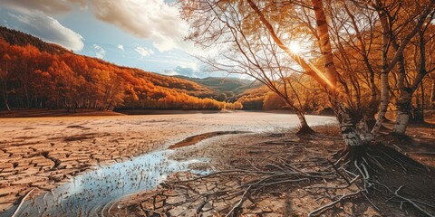 Poster - Trees protruding from a predominantly dried lake