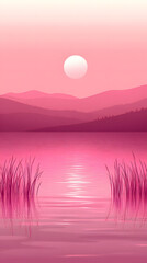 Wall Mural - Abstract illustration poster of pink mountains and grassland with sunset range with a soft, dreamy feel.