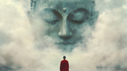 A serene scene where a monk in a vivid red robe stands with their back to the viewer, gazing up at a colossal, ethereal Buddha face that seems to form out of mist and smoke