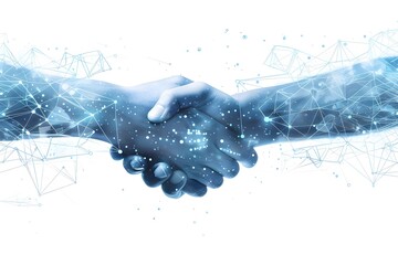 Poster - Two hands shaking, digital technology elements, blue and white color scheme, white background