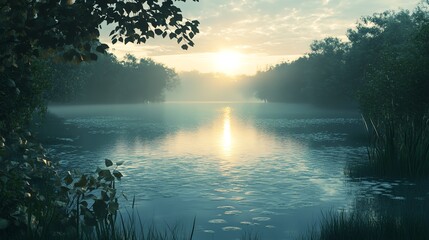 Sticker - A misty lake with the sun shining through the trees.