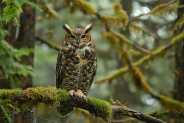 Poster - An owl perched on a branch in the woods