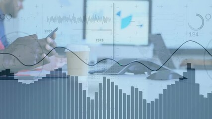 Poster - Animation of data processing and diagrams over diverse colleagues using smartphone