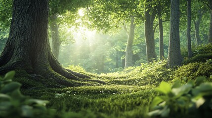 a lush green forest with a bright light shining through the trees.