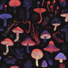 With occult symbols and magic mushrooms, this seamless pattern has a magical look