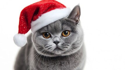 British cat in a New Year's hat, isolated on a white background. Funny festive New Year kitten, cute animal dressed in Santa clothes. Celebrating Christmas 2025. AI generation