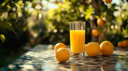 A transparent glass with orange juice in it, the glass is on a table in an orange garden.