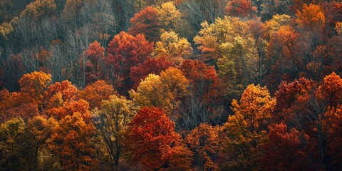 Poster - Autumn foliage on trees in layers captured with telephoto lens at shallow depth of field