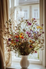 Wall Mural - The marble table is decorated with a beautiful bouquet of flowers.