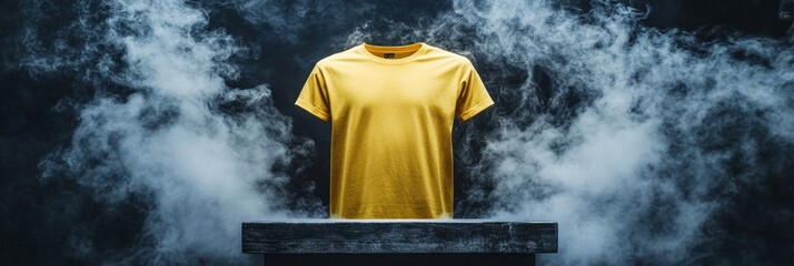 Wall Mural - Yellow T-shirt Mockup on Wooden Table with Smoke, Blank Tshirt Template on Dark Background