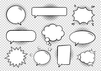 Wall Mural - retro empty comic bubbles and elements set with black halftone shadows on transparent background. ve