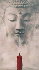 A serene scene where a monk in a vivid red robe stands with their back to the viewer, gazing up at a colossal, ethereal Buddha face that seems to form out of mist and smoke