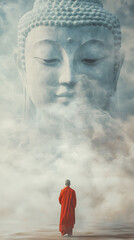 A serene scene where a monk in a vivid red robe stands with their back to the viewer, gazing up at a colossal, ethereal Buddha face that seems to form out of mist and smoke