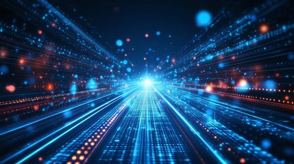 Poster - A stunning visual of vibrant blue and orange lights traveling toward a glowing center, representing digital technology and innovation.