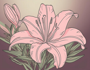 Wall Mural - Beautiful Pink Lily Flower Closeup Illustration