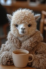 Poster - A teddy bear sitting at a table with a cup of coffee