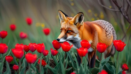 Curious red fox exploring a vibrant tulip in the freshness of spring