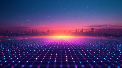 Wall Mural - A vibrant digital landscape featuring a futuristic skyline against a colorful sunset, with glowing lights and a starry sky.